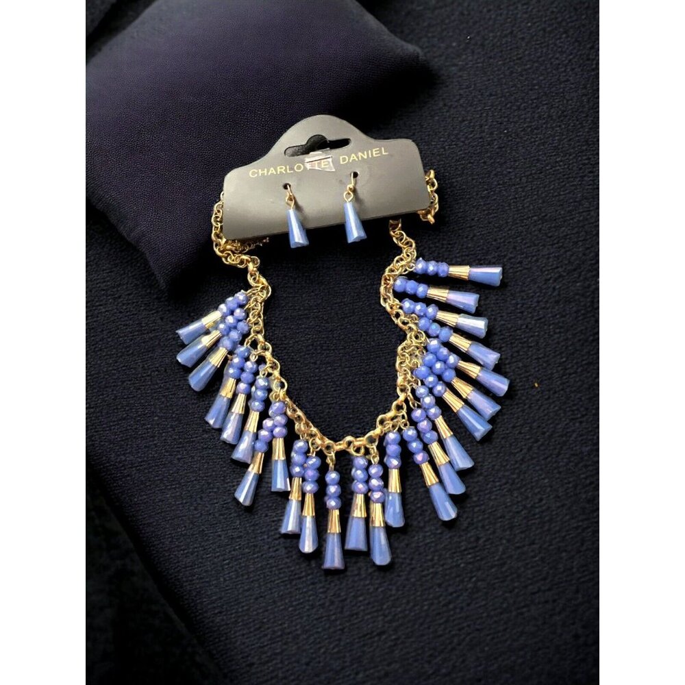 Charlotte Daniel Gorgeous Cornflower Blue Beaded Collar Necklace & Earrings Set